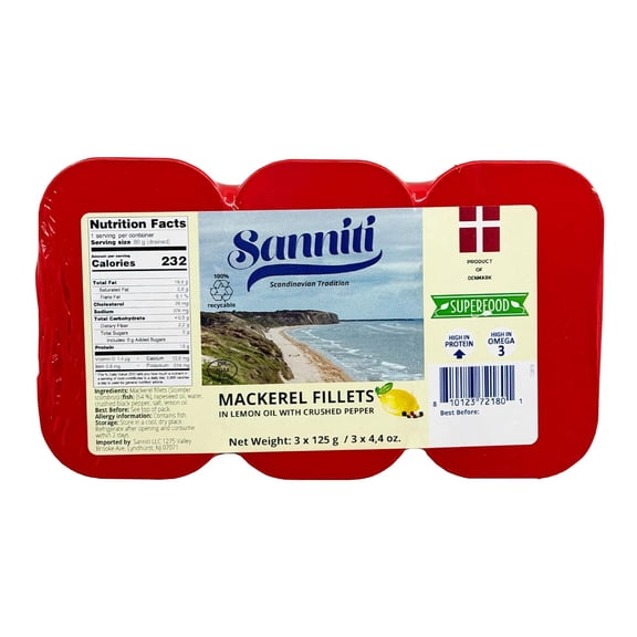 Sanniti Mackerel Fillets in Lemon Oil with Crushed Pepper, 4.4 oz, Pack of 3