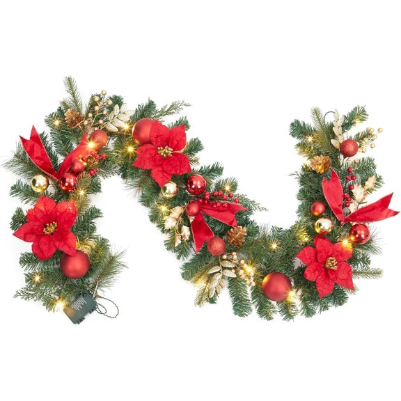 Lumiparty 6FT Pre-Lit Christmas Garland, Xmas Garland with 20 Lights Flowers Ball Ornaments Berries, Xmas Decorations for Indoor Outdoor Decoration