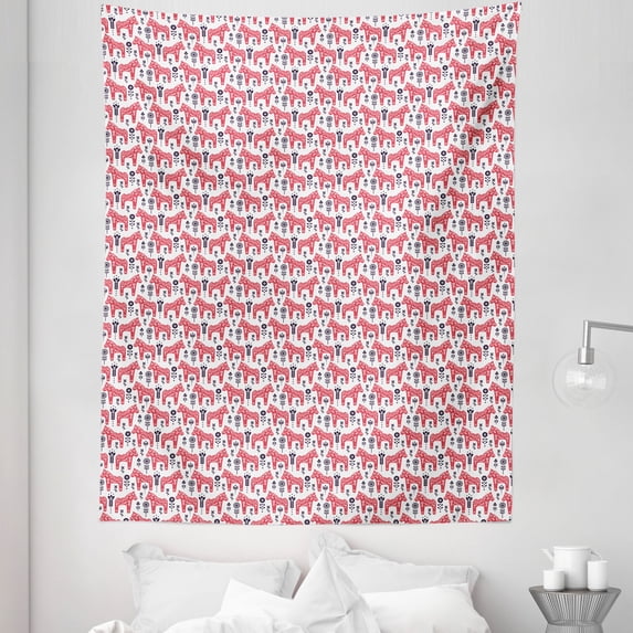 Ethnic Tapestry, Folk Inspired Swedish Dala Horse with Floral Ornaments Folklore Art, Fabric Wall Hanging Decor for Bedroom Living Room Dorm, 5 Sizes, Dark Coral Indigo, by Ambesonne