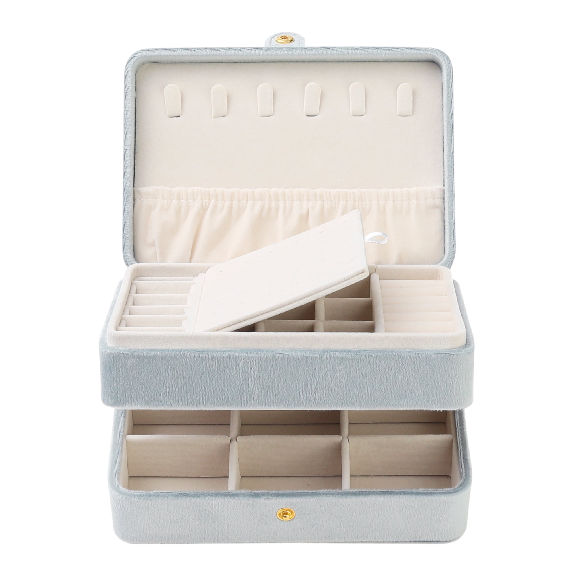 Unique Bargains 2 Layer Jewelry Box Plush Velvet Jewelry Organizer Case Storage Travel Gray