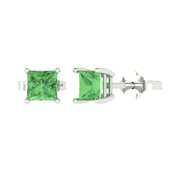 1.5 ct Push-Back Stud Earrings for Women | 5.0mm Princess Cut Simulated Green Diamond | 18K White Gold