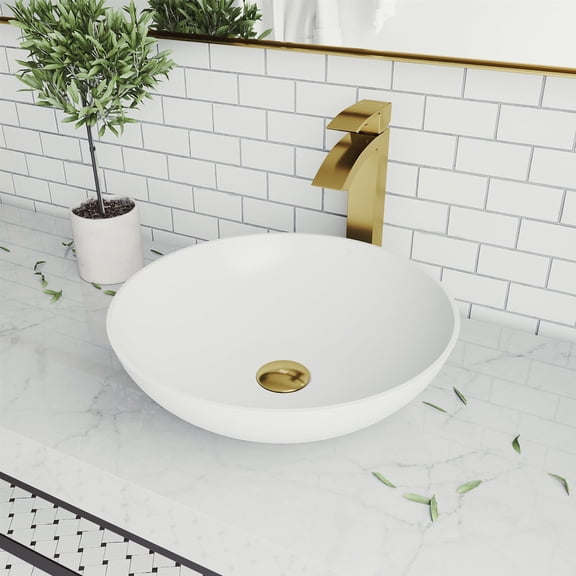 VIGO Matte Stone Lotus Composite Round Vessel Bathroom Sink in White with Duris Faucet and Pop-Up Drain in Matte Gold
