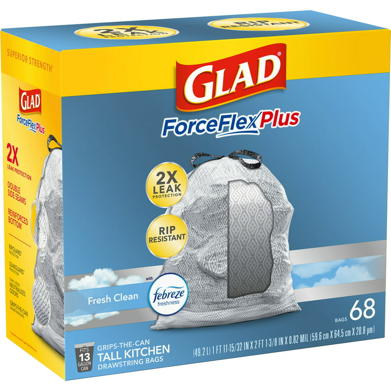 Glad Tall Kitchen Trash Bags, 13 Gallon, 68 Bags (ForceFlexPlus, Fresh  Clean)