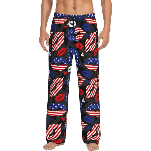 Kdxio American With Lips Pattern Men's Pajama Pants, Elastic Waist with Drawstring and Pockets, Comfortable Loungewear-Large