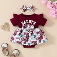 thumbnail image 2 of LNMQLPDBS Toddler Girl Clothes Sets Letters Printed Ribbed Ruffle Trim Short Sleeve Onesies & Floral Printed Skirt with Bow & Headband 3pcs Sets 0-3 Months Baby Girl Clothes Red1 12-18 Months, 2 of 4