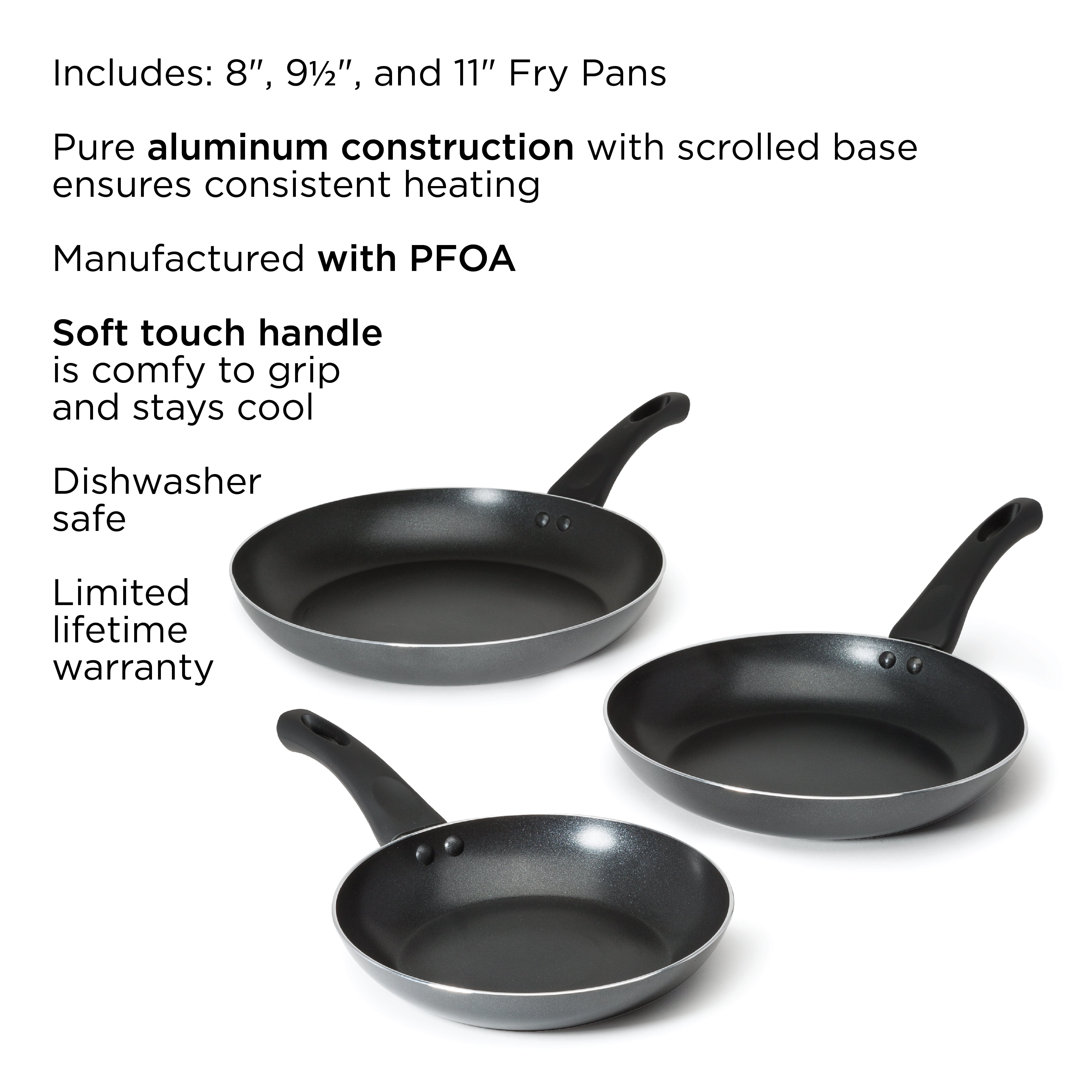  Ceramic Coated Nonstick Frying Pans, 3-Pack Bundle Set: 9.5,  11, and 13 Inch, Durable, High Heat Aluminum Base with No PTFE, PFOA, Lead  or Cadmium, Oven & Dishwasher Safe