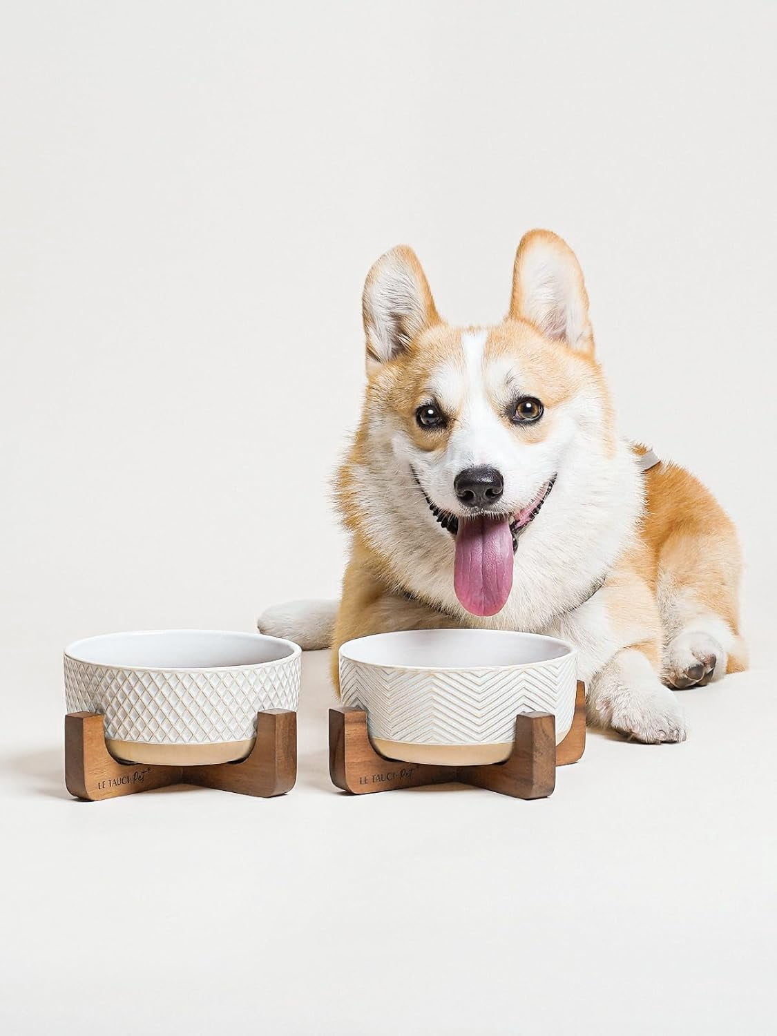 Ceramic Dog Bowls with Wood Stand, 4-Cup Pet Food and Water Dishes Set of 2 for Small Medium Dogs