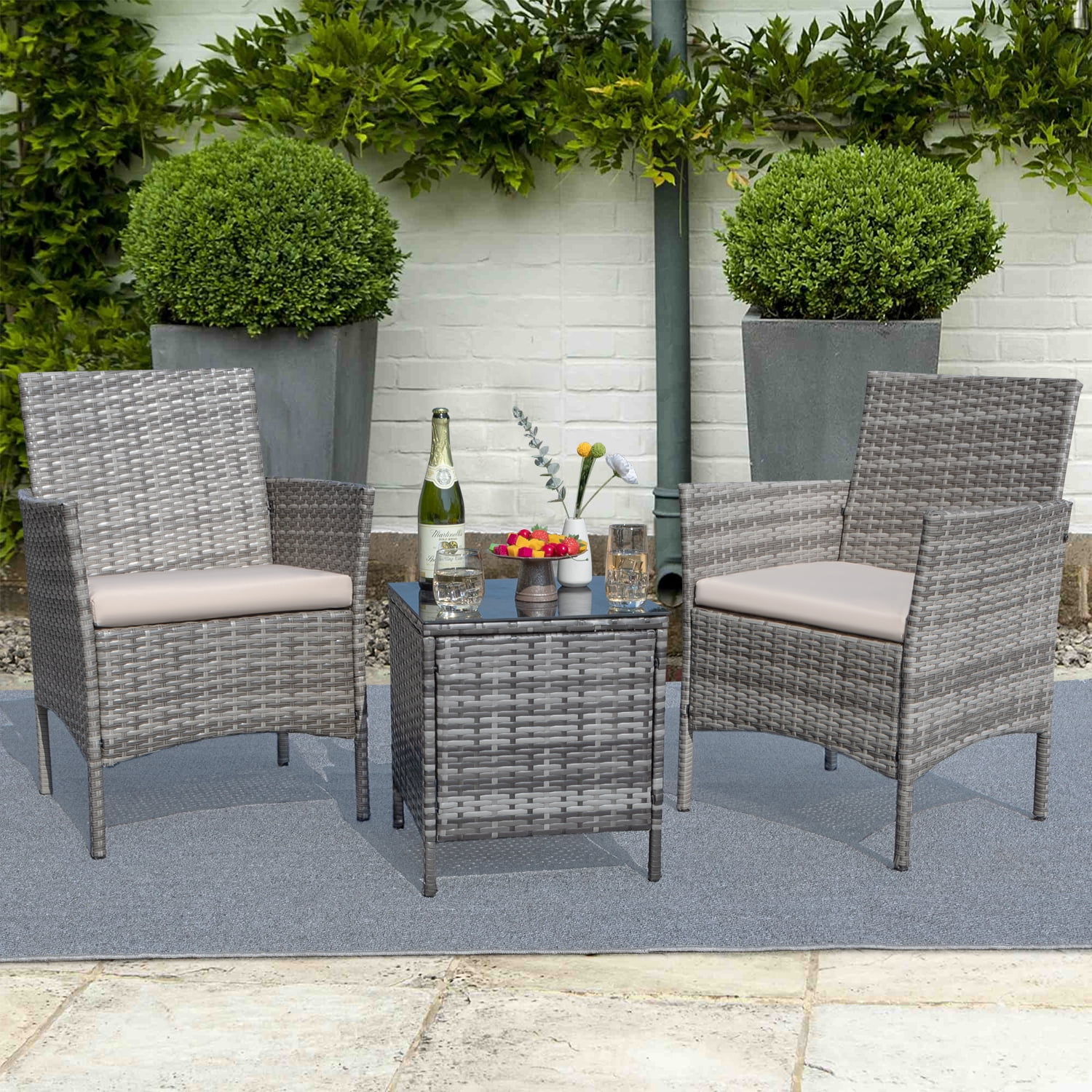 Homall 3 Pieces Patio Furniture Set Outdoor PE Rattan Wicker Patio Conversation Set Bistro Set with Tempered Glass and Cushioned Chairs, Gray/Beige