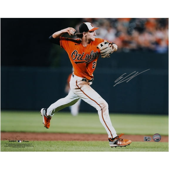 Gunnar Henderson Baltimore Orioles Autographed 16" x 20" Orange Jersey Throwing Photograph - Fanatics Authentic Certified