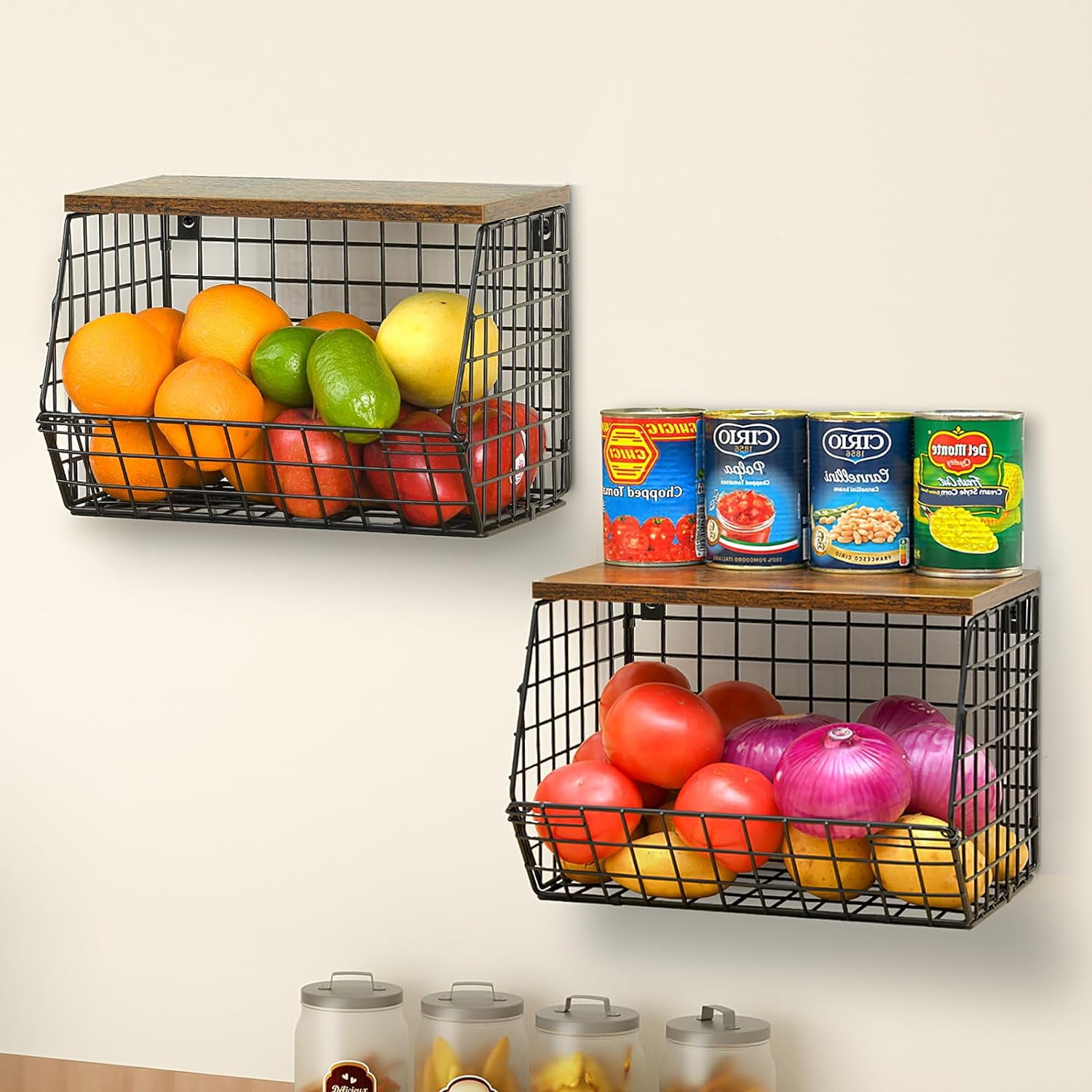 Wetheny 2pcs Fruit Basket Onion Storage Wire Basket with Wood Top- Wall Mounted & Stackable Kitchen Counter Organizer,Cabinet Organizer Bin for Potato,Produce,Bread,Snack Storage(Matte Black)