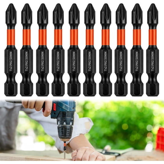 10pcs 50mm PH2 Impact Duty Screwdriver Drill Driver Bits Set Strong Magnetic Phillips Screwdriver Bits Anti Slip 1/4 Inch Hex Fitting for Mechanical Home Appliance Repair Furniture Assembly