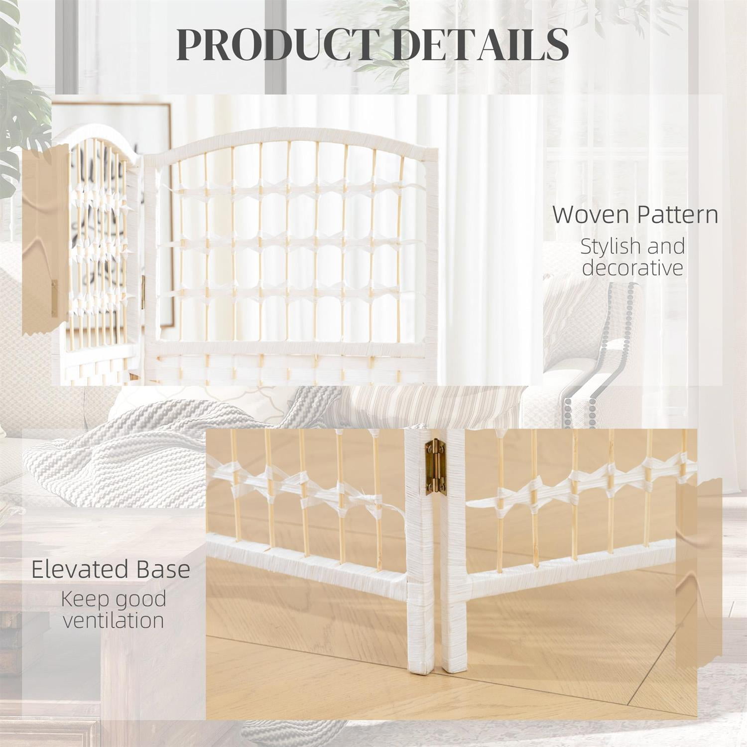 Demi Bonn 8-Panel Foldable Room Divider Screen Privacy Panel Wave Fiber Design, 67" Portable Partition for Home Office Space, White