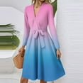 thumbnail image 4 of WTOBBY Women's Fashion Casual V-Neck Long Sleeve Waist Gradient Print Midi Dress Ombre Color Effect for Modern Look Flowy Silhouette with Tie Detail Perfect Transitional Dress,Pink S, 4 of 5
