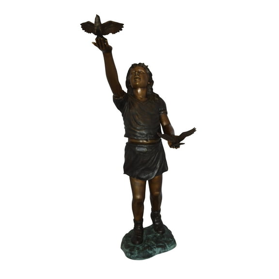Girl - sandy, with two birds Bronze Statue - Size: 25"L x 20"W x 42"H.