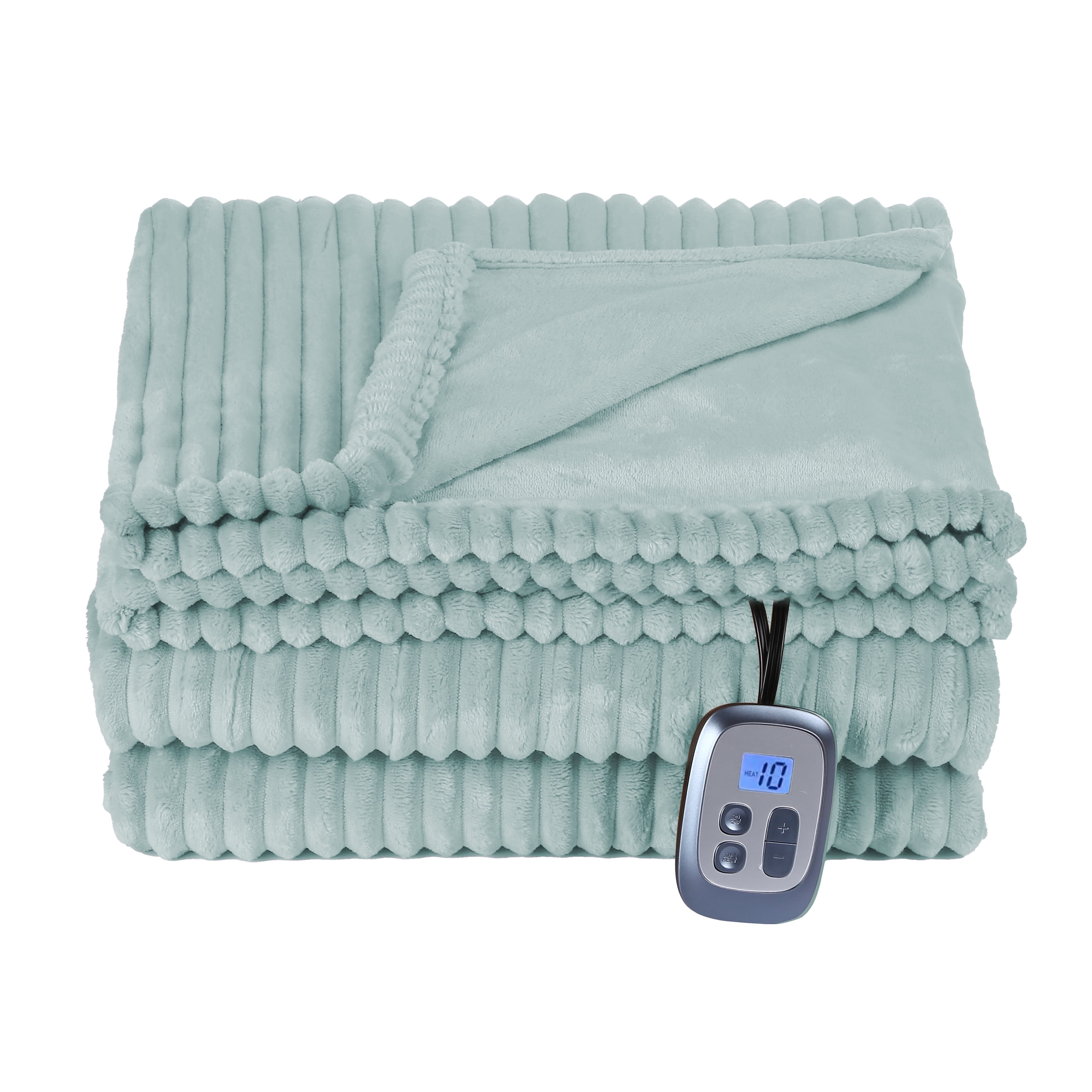 SUNNY HEAT Heated Electric Blanket Ribbed Flannel 72"x84" Full Size - 10 Heating Settings & 2/4/6/8/10/12 Hours Auto off, Thick and Warm Washable - Mint Green