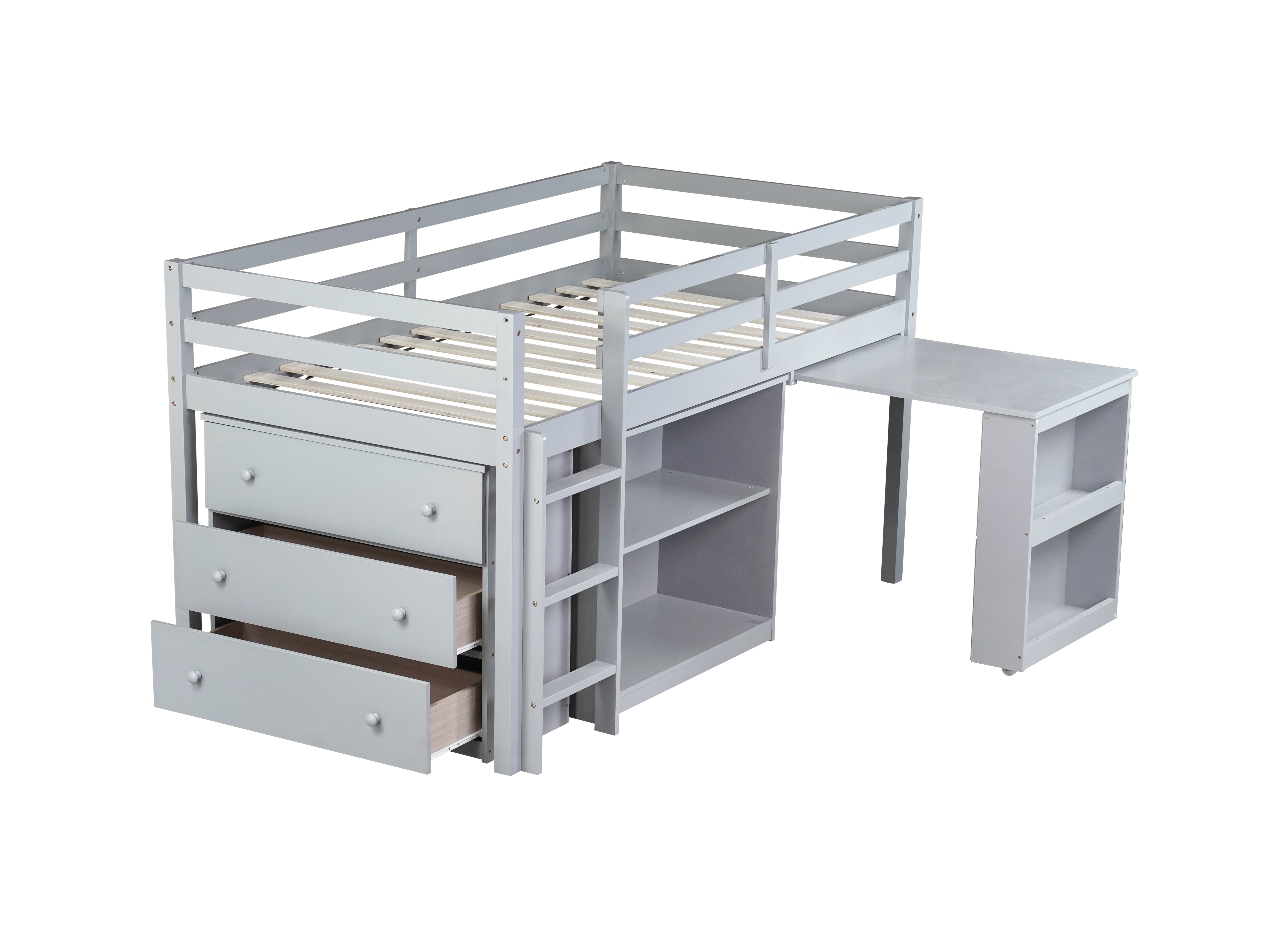 Sailvan Twin Loft Bed with Drawer Cabinet, Shelf Cabinet and Pulling Out Desk, Guardrail ,Ladder