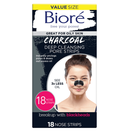 18 Count, Biore Charcoal Deep Cleansing Pore Strips, Normal to Oily Skin