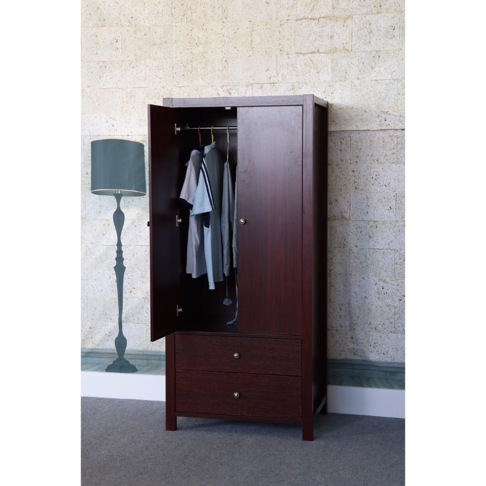 2 Closing Door Wardrobe With Inner Hanging Rail, Cherry Brown