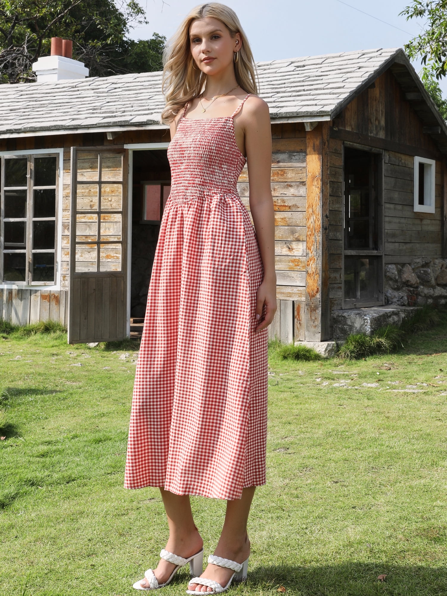 DARING DIVA Women's Gingham Spaghetti Strap Flowy Plaid Smocked Dress XL Red