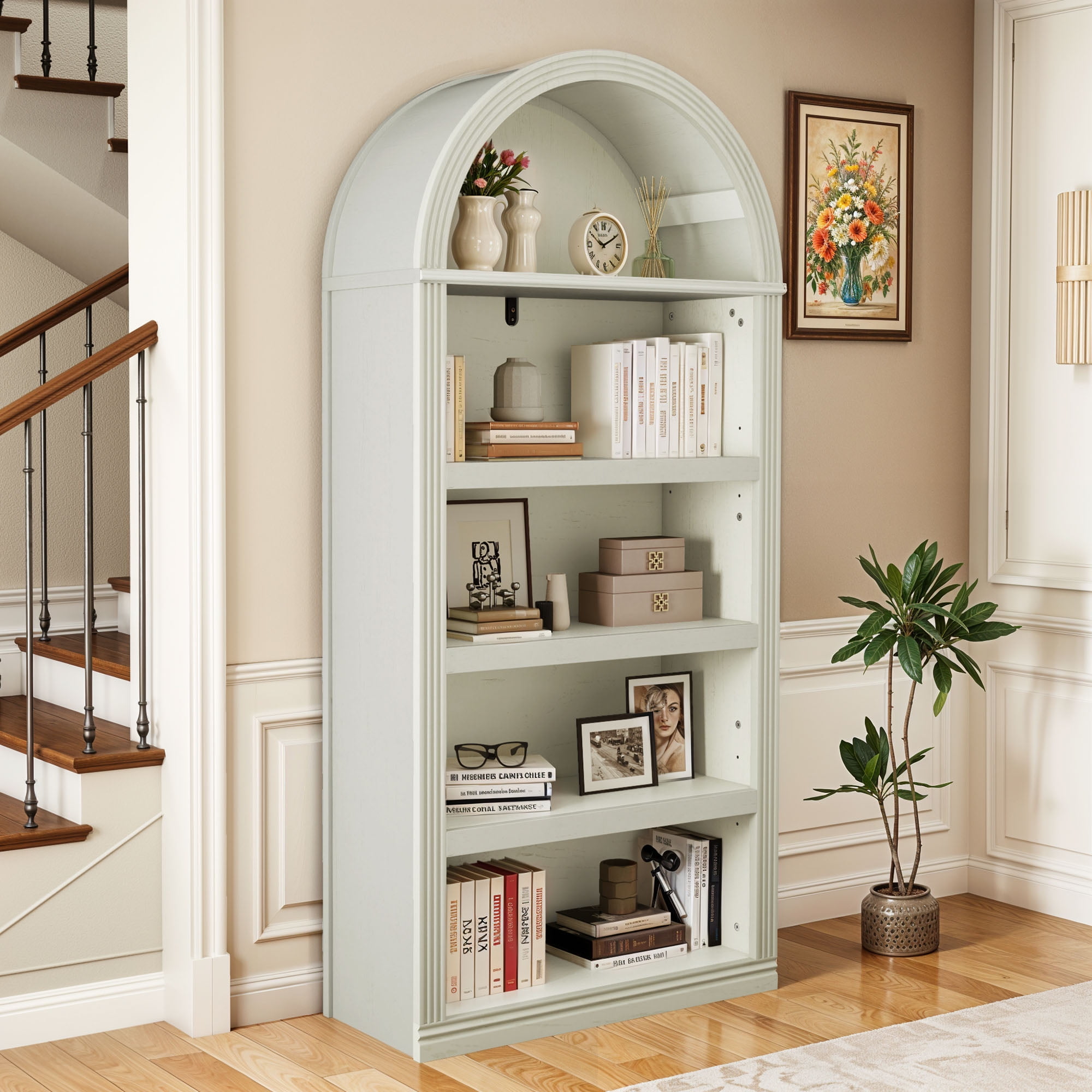 Uforic 5 Tiers Arched Bookshelf, 68.5" Tall Modern Bookcase Display Storage Rack Wooden Bookshelves, White