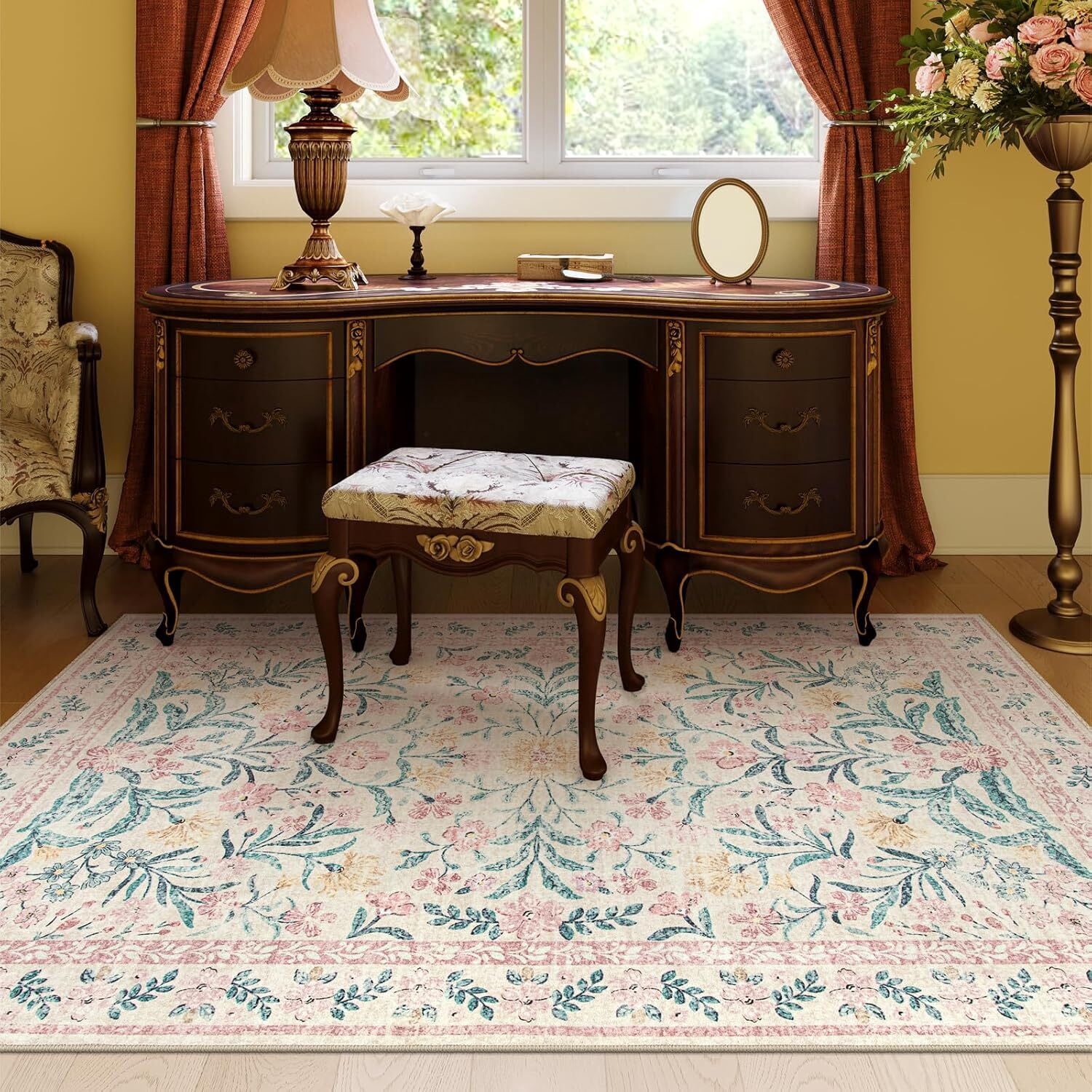 Lahome 5'x7' Washable Area Rug for Living Room with Non Slip Backing,Traditional Boho Rug,Low Pile Lightweight Carpet,Floral Print Mat,Better Home,Washable Machine for Bedroom,Pink