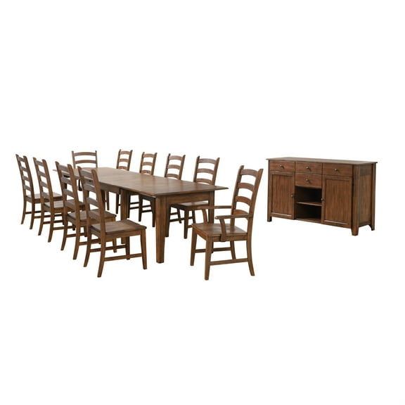 Simply Brook 12-PC 62-134" Expanding Dining Table Set & Buffet Amish Brown Wood