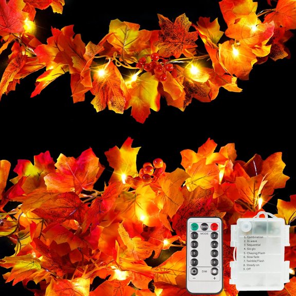 2pack Fall Garland with Lights Battery Operated, 10 LED Lighted Orange Fall Leaf Garland, Fairy String Lights for Thanksgiving Decor, Table, Mantle, Office, Porch, Halloween, Home Decoration,Orange