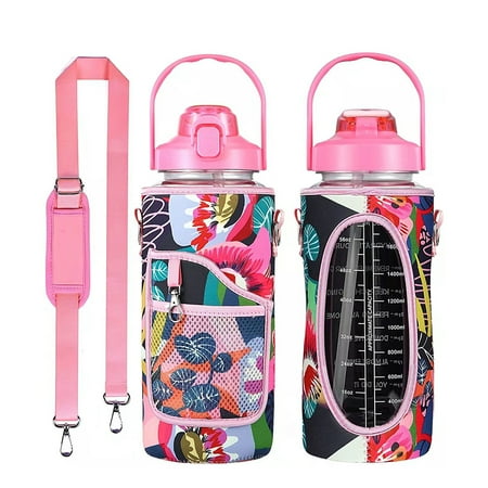 

Half Gallon Water Bottle with Sleeve 64OZ Motivational Water Bottle with Straw & Time Marker to Drink - Leakproof Tritan BPA Free Sports Water Jug