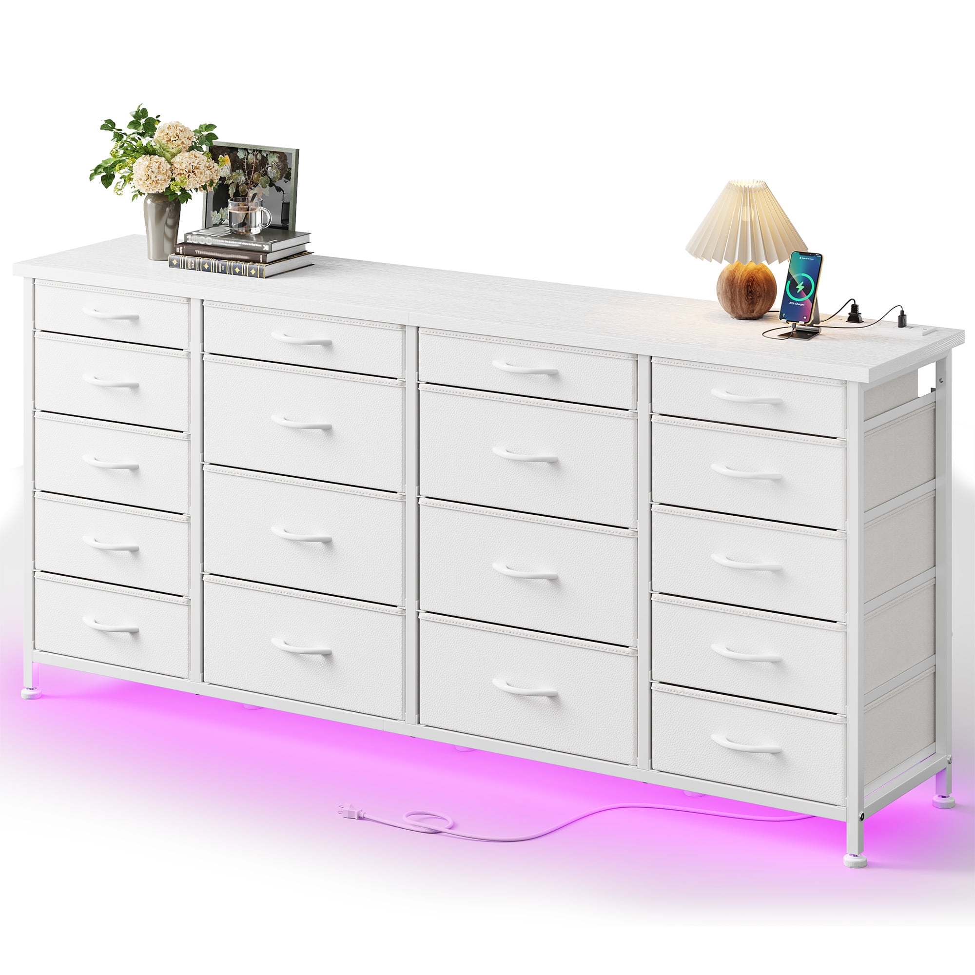 EnHomee 18 Drawers White Dresser with LED Lights & Power Outlets Long Dresser for 65" TV Stand for Living Room Large Fabric Dressers & Chests of Drawers for Bedroom