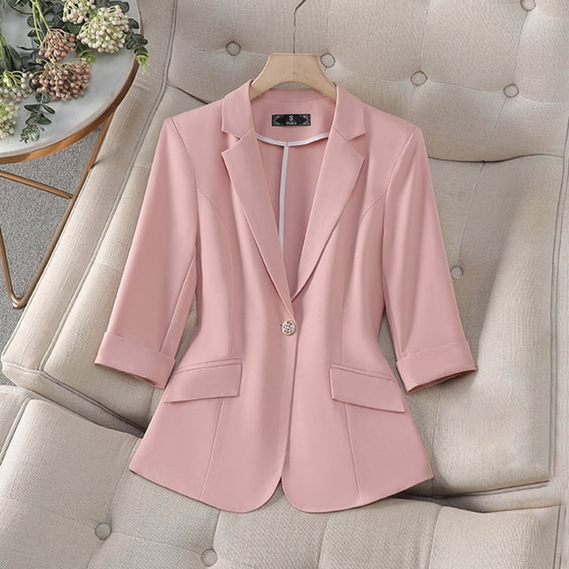 Pisexur Manteau d'Hiver pour Femmes Mode Décontractée Couleur Unie Poche Col Rabattu Blouse Blazer à Manches 3/4 Rose,G