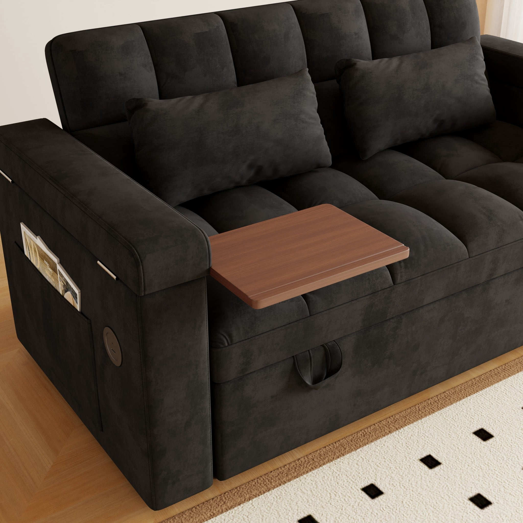 BSHTI 65" 3-in-1 Velvet Foldable Sofa Bed with USB Port & Table Board – 5-Position Adjustable Backrest, Storage Armrests, Large Convertible Sleeper Couch for Living Room, Apartment, Office,Black