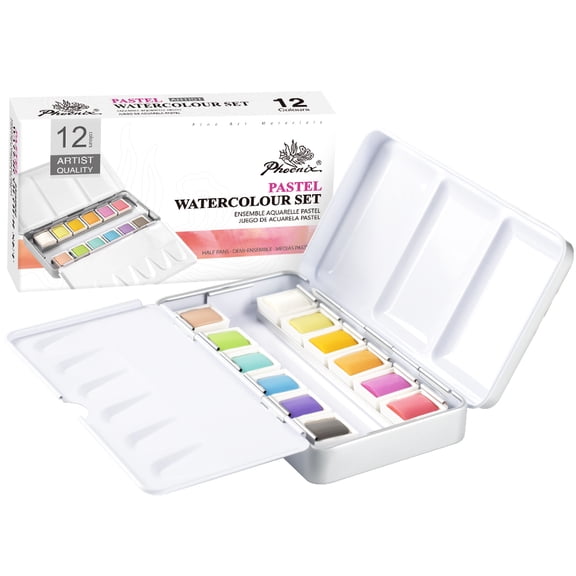 PHOENIX Pastel Watercolor Paint Set, 12 Half Pan Soft Muted Colors Artist Grade Palette for Watercolor Painting Travel Set