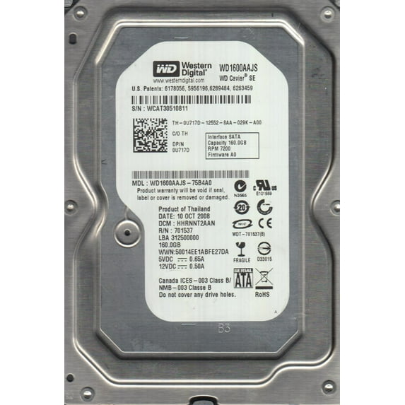 WD1600AAJS-75B4A0, DCM HHRNNT2AAN, Western Digital 160GB SATA 3.5 Hard Drive