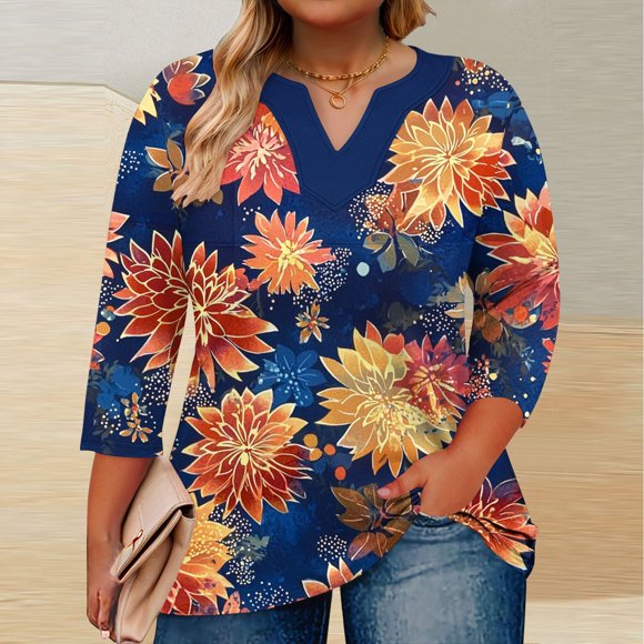 Hauts pour Femmes DYTTDG T-Shirt Grande Taille Mode Imprimé Décontracté Col en V Manches 3/4 T-Shirt Haut Mode Été Femmes 2025