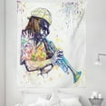 thumbnail image 1 of Jazz Tapestry, Illustration of Trumpeter with Paint Splashes at the Background Entertainment, Fabric Wall Hanging Decor for Bedroom Living Room Dorm, 5 Sizes, Purple Yellow, by Ambesonne, 1 of 1