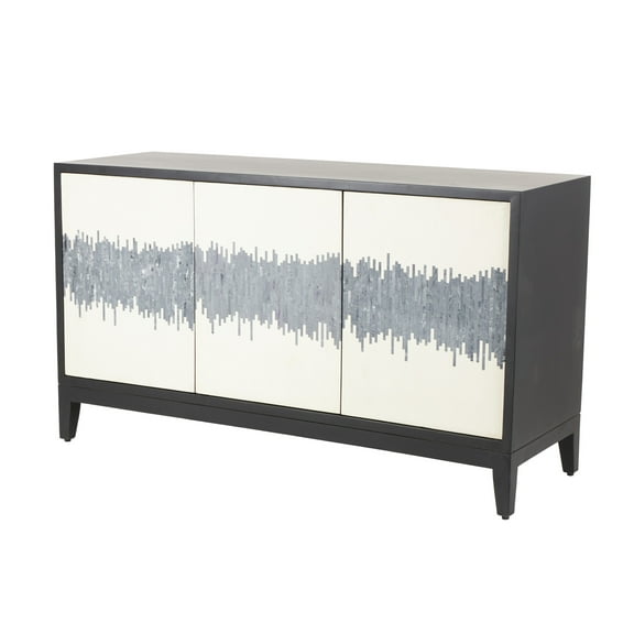 DecMode 60" x 35" Black Mango Wood 3 Door and 3 Shelf Sideboard with White Front and Blue Striped Pattern, 1-Piece