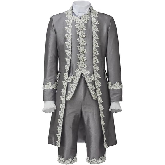 Mens 18th Century Royal Court Suit Grey Tailcoat Vest Pants Lace Trim Aristocratic Costume Set