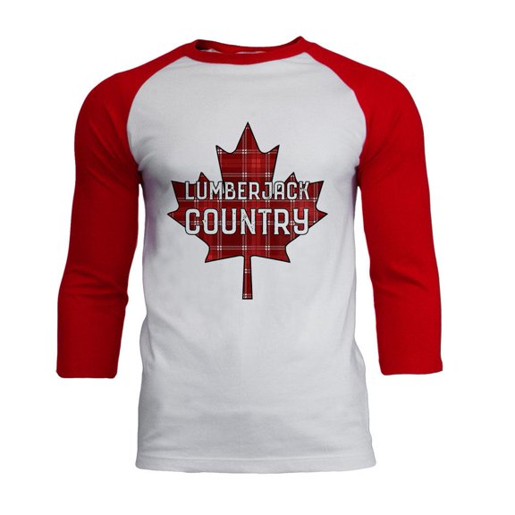 Canada Day Lumberjack Country Plaid Mens Soft Raglan T Shirt White-Red MD