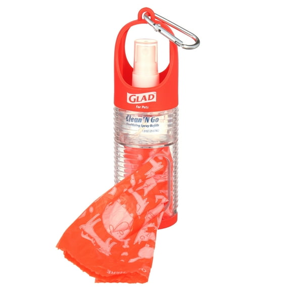 GLAD Clean & Go Wastebag Dispenser   Sanitizing Spray Includes: 15 wastebags and 1oz sanitizing spray