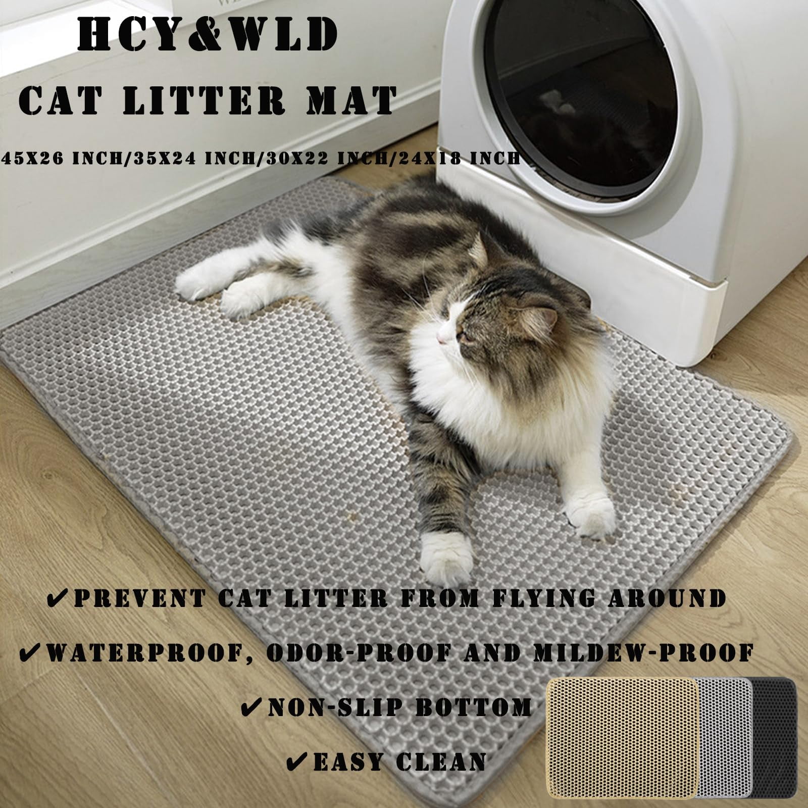 HCY&WLD Cat Litter Mat, Waterproof Double Layer Honeycomb Litter Trapping Mats, Easy to Clean, Less Waste (24"x18", Gray)