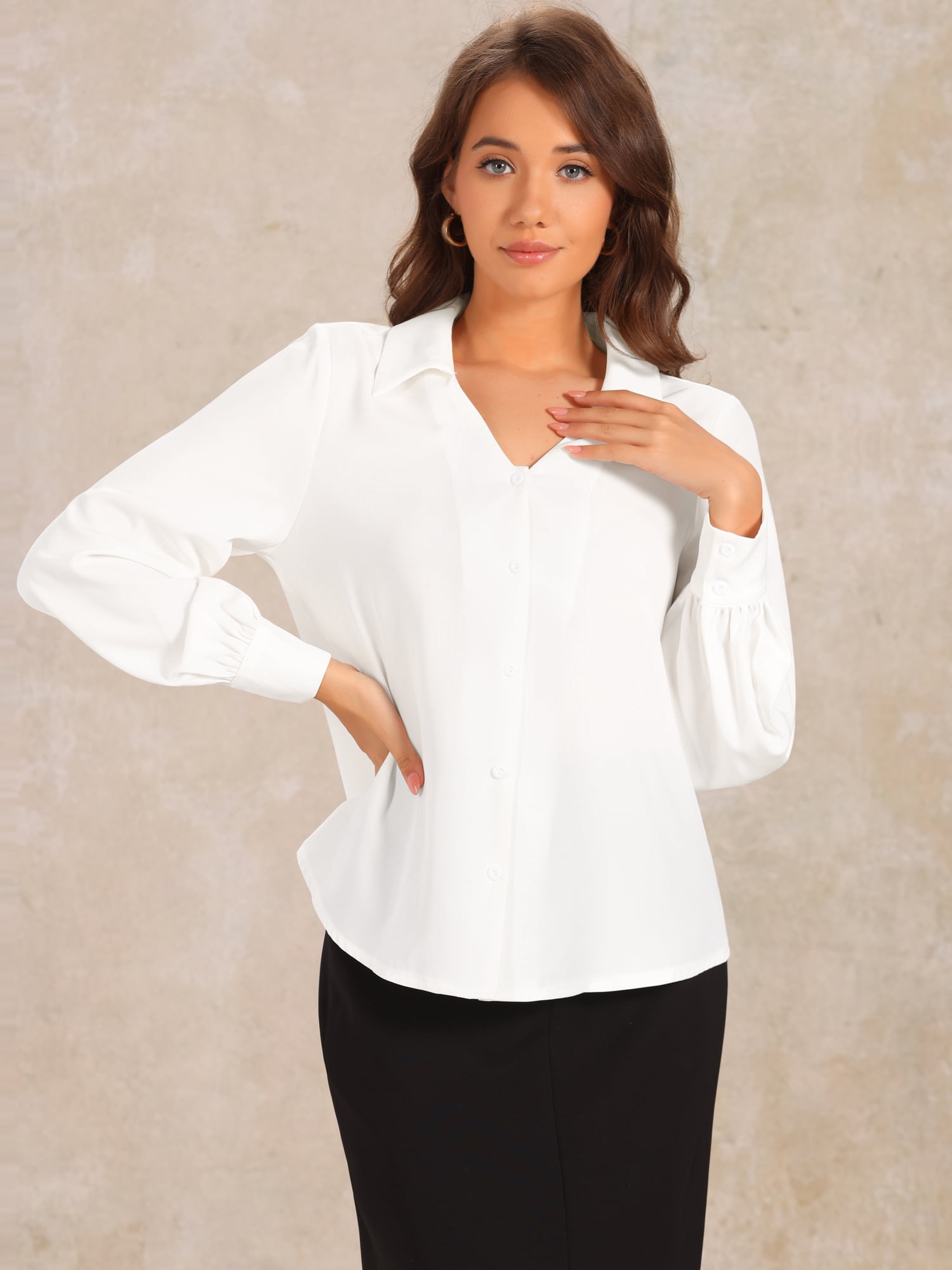 DARING DIVA Women's Collar Button Down V Neck Blouse Top Shirt L White