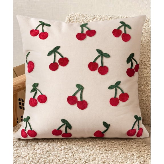 Embroidered Throw Pillow Cover 18x18 Inch, Little Cherry