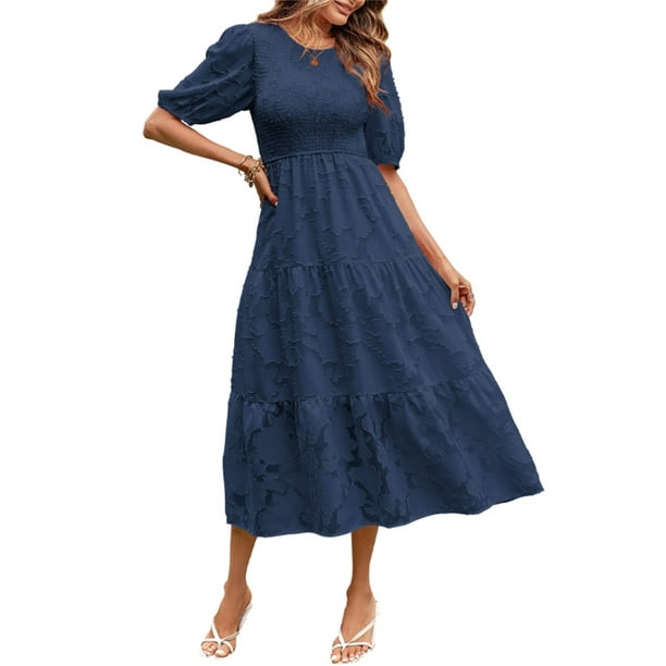 Lucakuins - Vestido midi de verano para mujer, línea A, manga corta, cuello redondo, cintura alta, vestido floral de encaje Lucakuins moda