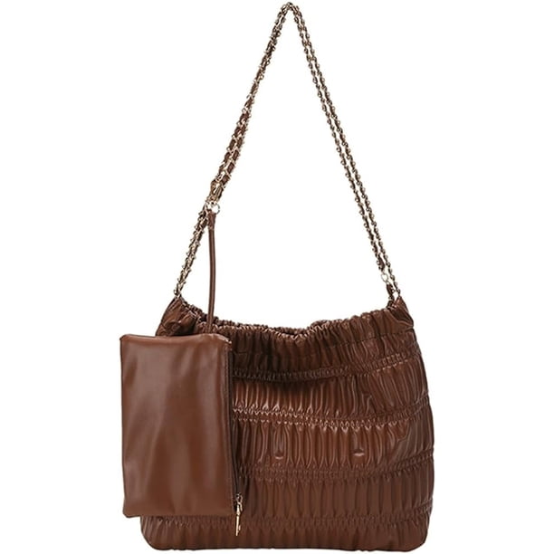 LHSHID Women’s Drawstring Bucket Bag Fashion Chain Crossbody Bag Pleated Vegan Leather Tote Handbags with Purse