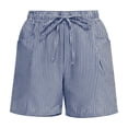 thumbnail image 5 of Siminsem Womens Casual Summer Long Shorts Five Point Pants Striped Cotton Blend High Waisted with Pockets Elastic Waist Drawstring for Vacation Beach Daily Wear, Blue, L, 5 of 6