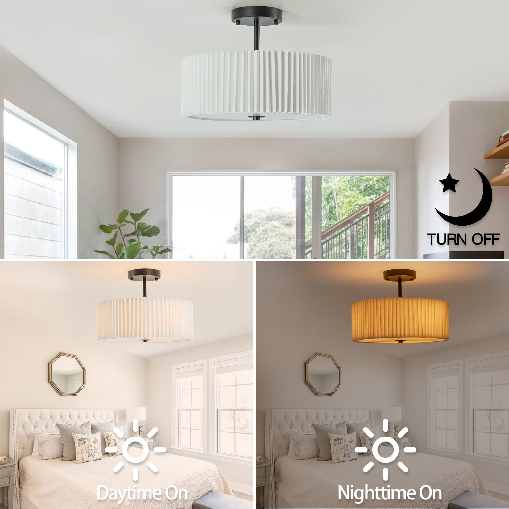 BESTOMINE Semi Flush Mount Ceiling Light,12.5 inch Ceiling Light Fixture,Black Flush Mount Light Fixture with Pleated Fabric Drum Shade,Light Fixtures Ceiling Mount for Bedroom,Living Room,Hallway