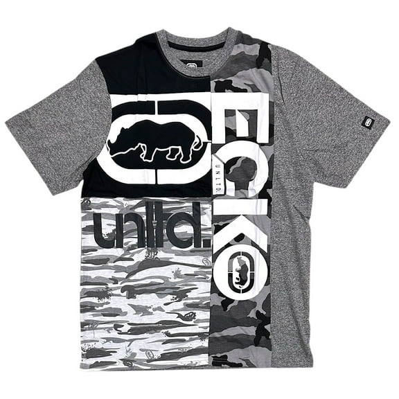 Ecko Unltd Men's T-Shirt Panel Stitched Colorblock Puff Print Camo/Solid Tee (Medium, Grey Marled)