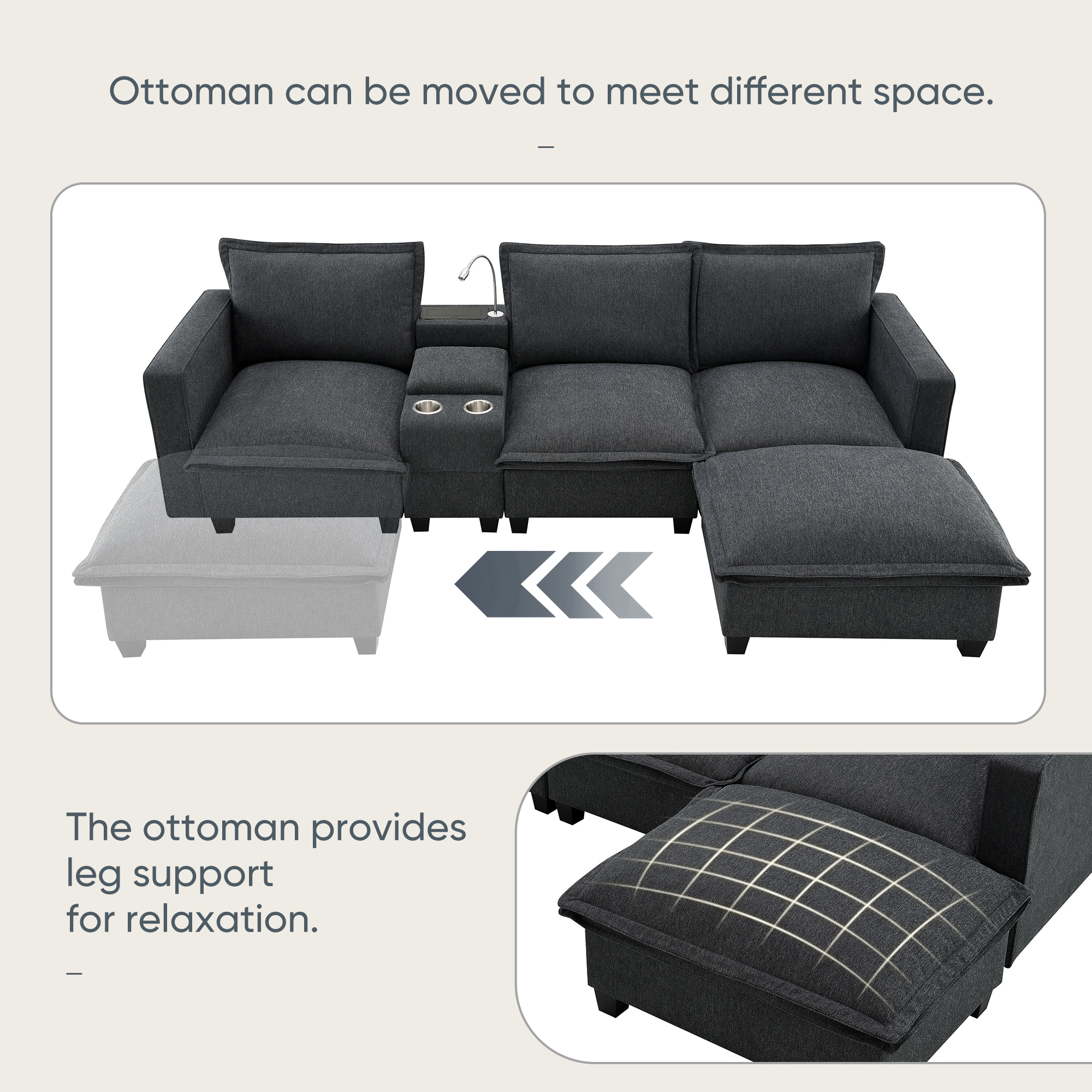 EUROCO 109" Modern Sectional Cloud Sofa, 4 Seat Chenille Modular Couch with Console, USB Charging Port, Reading Light, Cup Holder, Storable Indoor Funiture with Convertible Ottoman, Grey