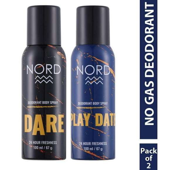 Nord Déodorant Vaporisateur Corporel pour Hommes Lot de 2X 100ml - 3.4 Fl.oz. Chacun Combo Déodorant Dare + Play Date - Fraîcheur 24 Heures, Sans Gaz avec des Notes Fraîches, Chaudes et Épicées
