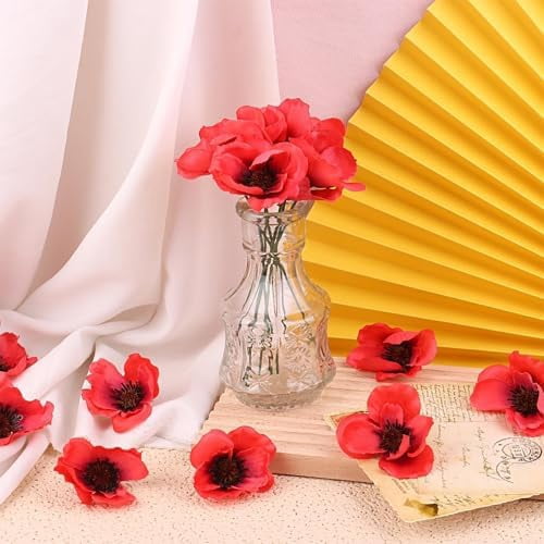 Set of 150 Red Poppy Artificial Flowers Fake Flowers Poppies Head Fake Wildflowers with 6 Inch Flower Branch for Memorial Veterans Day Remembrance Sunday Bouquet Corsages Home Kitchen Decor$$